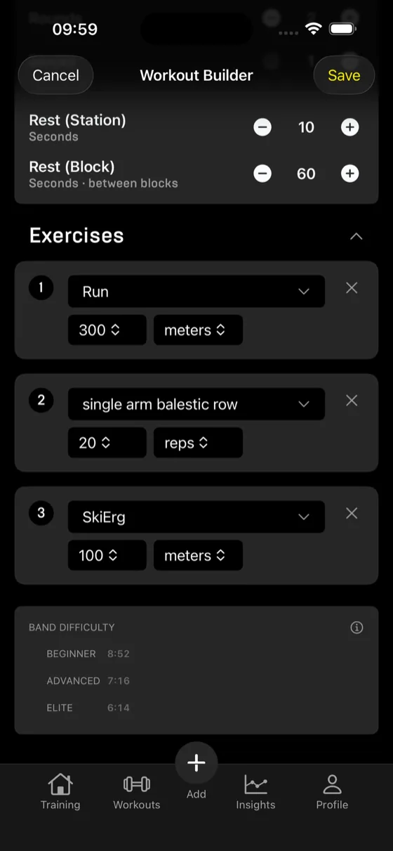 Workout builder exercises list with reps and meters per exercise and live Beginner, Advanced, Elite time estimates