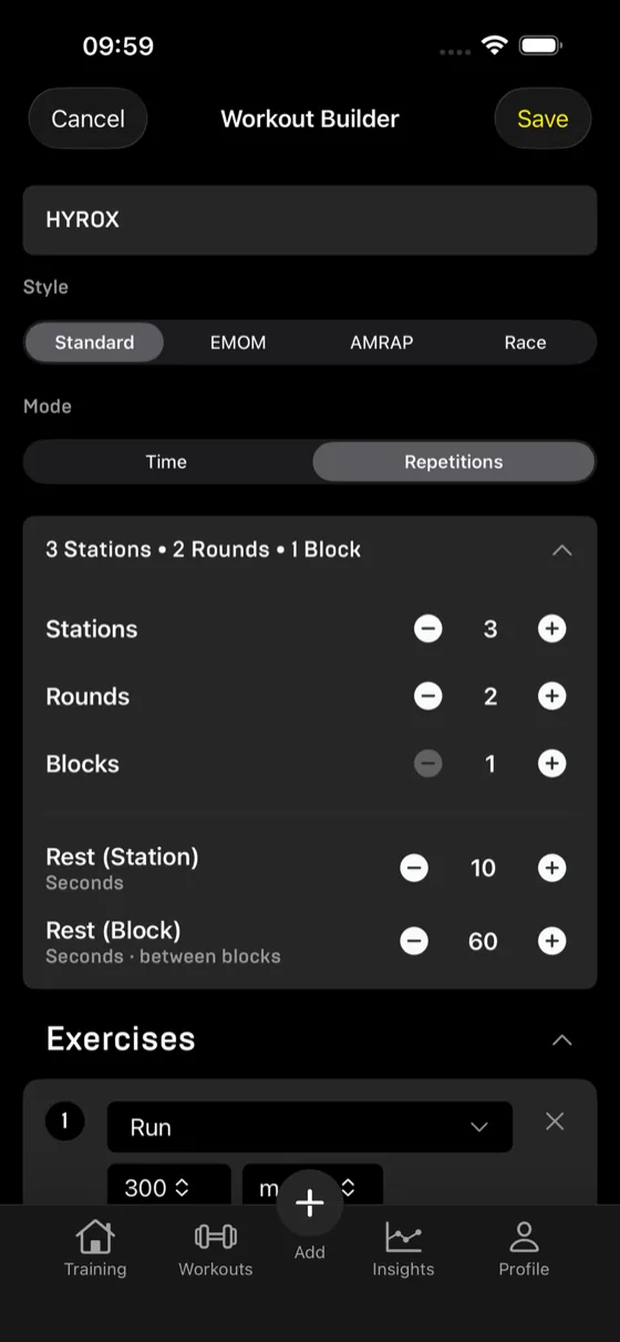 Workout builder screen with style and mode selectors, station, round and block steppers and rest settings