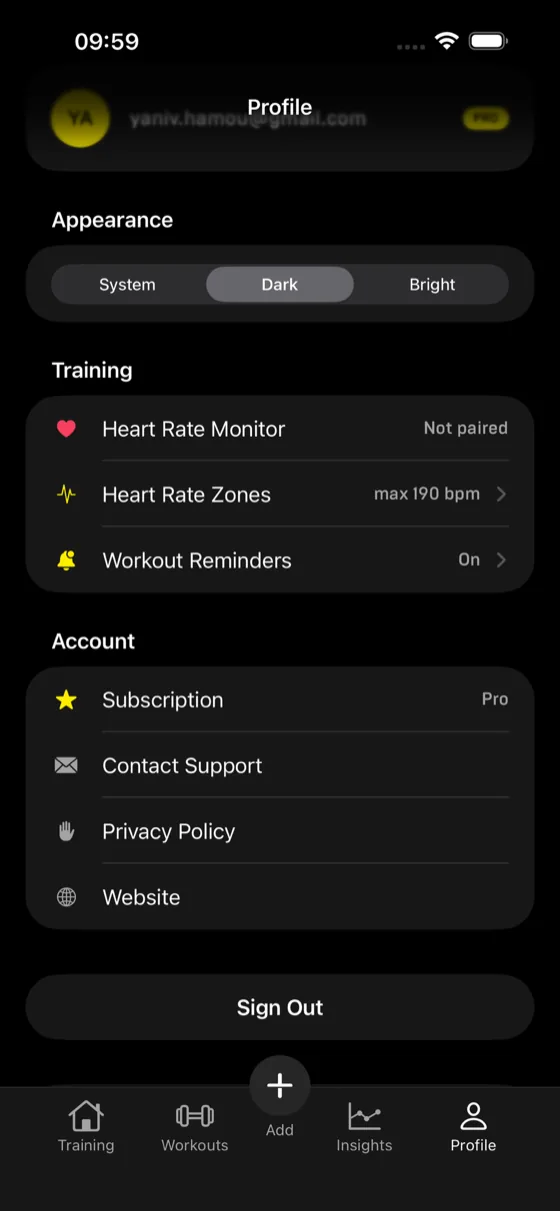 Profile screen with appearance settings, heart rate monitor pairing, zones, workout reminders and account options