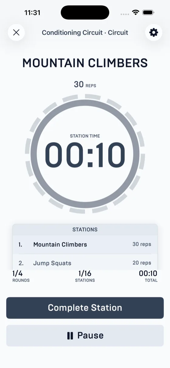Run screen in bright theme showing mountain climbers with station time and stations list