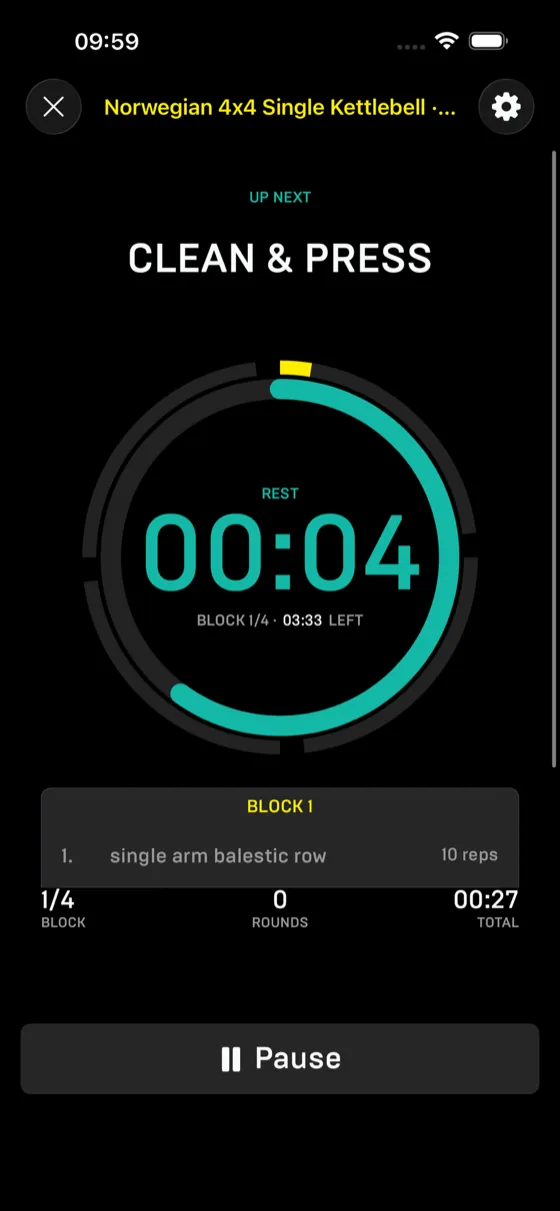 Rest screen showing a teal countdown ring and the next exercise, clean and press