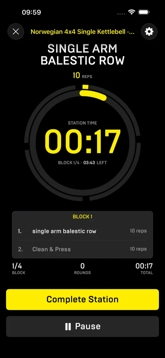 Workout run screen with a large station timer, current block exercises and complete station button