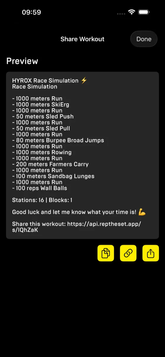 Share workout screen previewing a Hyrox race simulation as a text list with a share link