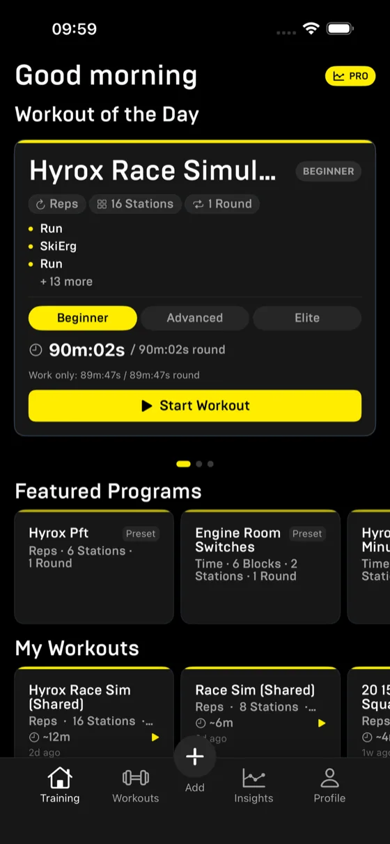 Rep The Set training home screen showing the Workout of the Day, a Hyrox race simulation with difficulty band targets and featured programs