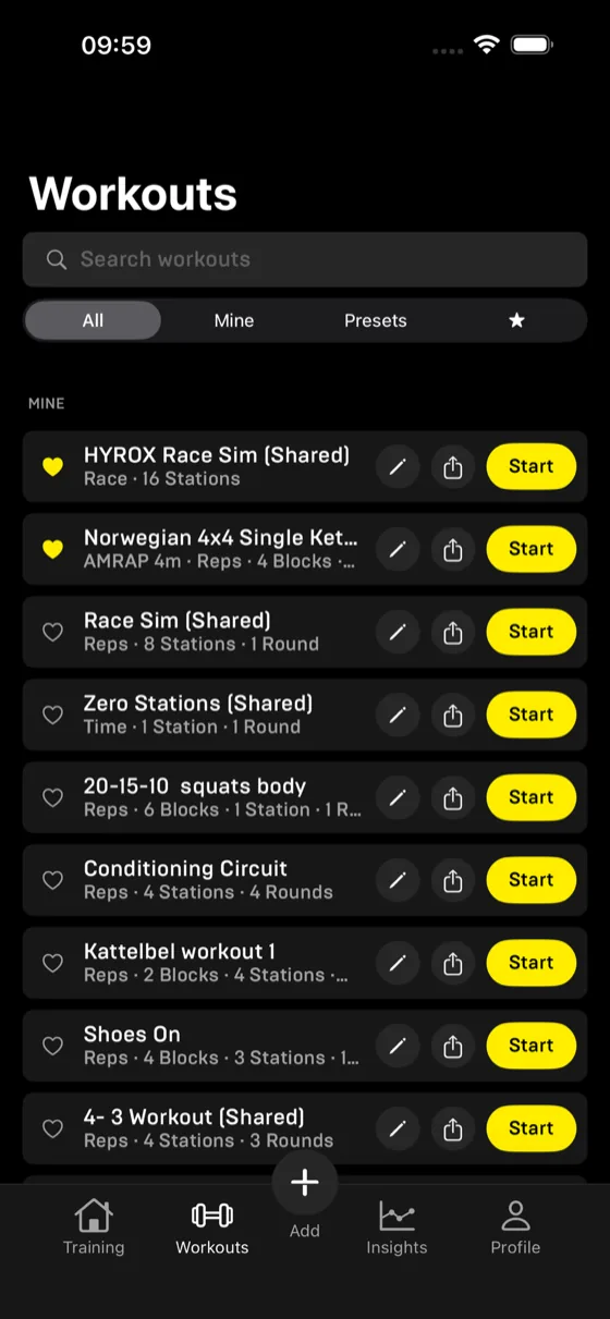 Workouts library screen listing saved and shared workouts with search, filters and one-tap start
